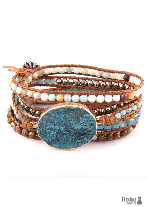 Boho Bracelet, RH 5 Layers Leather Wrap Bracelet, Natural Stones, Blue Ocean